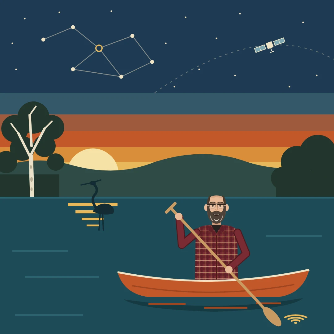 Screenprint poster: a bearded man in glasses and a burgundy flannel paddles a red canoe at dusk past a heron while a satellite crosses the stars.