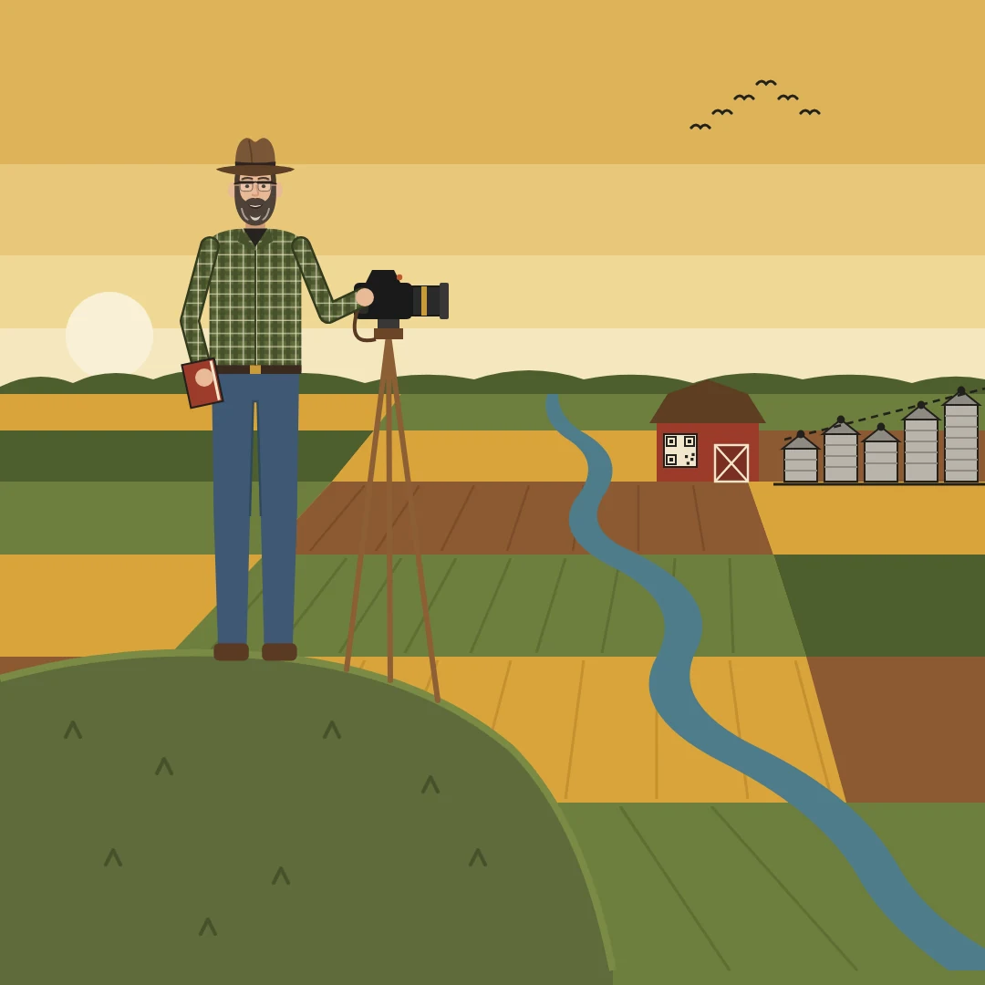 Screenprint poster: a bearded man in a fedora stands on a hill beside a camera on a wooden tripod above Ohio farm fields, a red barn and a row of grain bins.