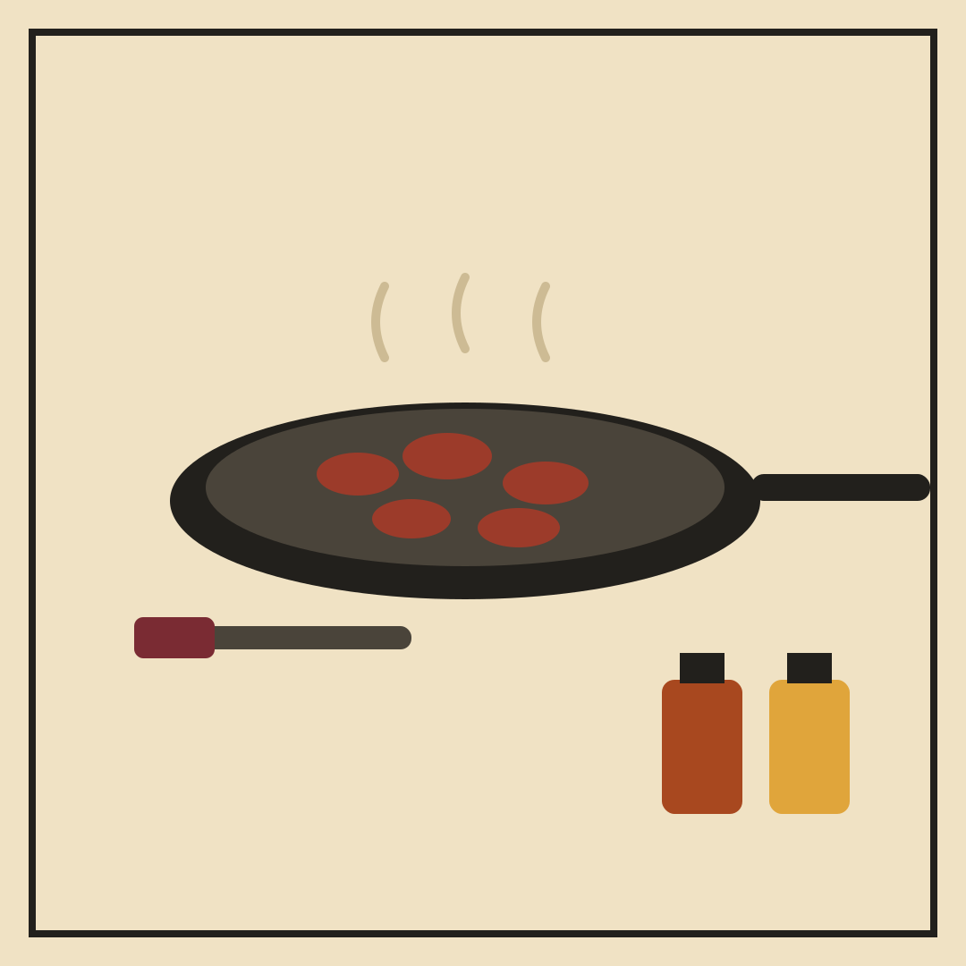 Skillet of browned ground beef with garlic and paprika jars
