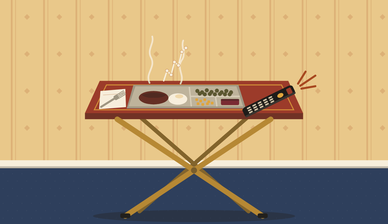 Illustration of a folding TV tray holding a foil TV dinner, a fork on a napkin and a remote control aimed at a TV out of frame. One wisp of steam rises in the shape of a line chart.