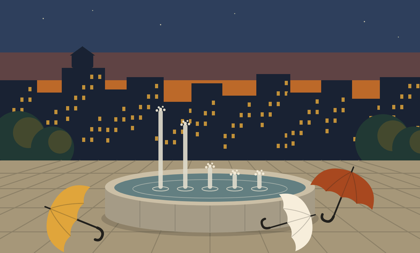 Illustration of a plaza fountain at dusk in front of a city skyline, with five water jets of falling heights and three open umbrellas, mustard, white and rust, left on the pavement.