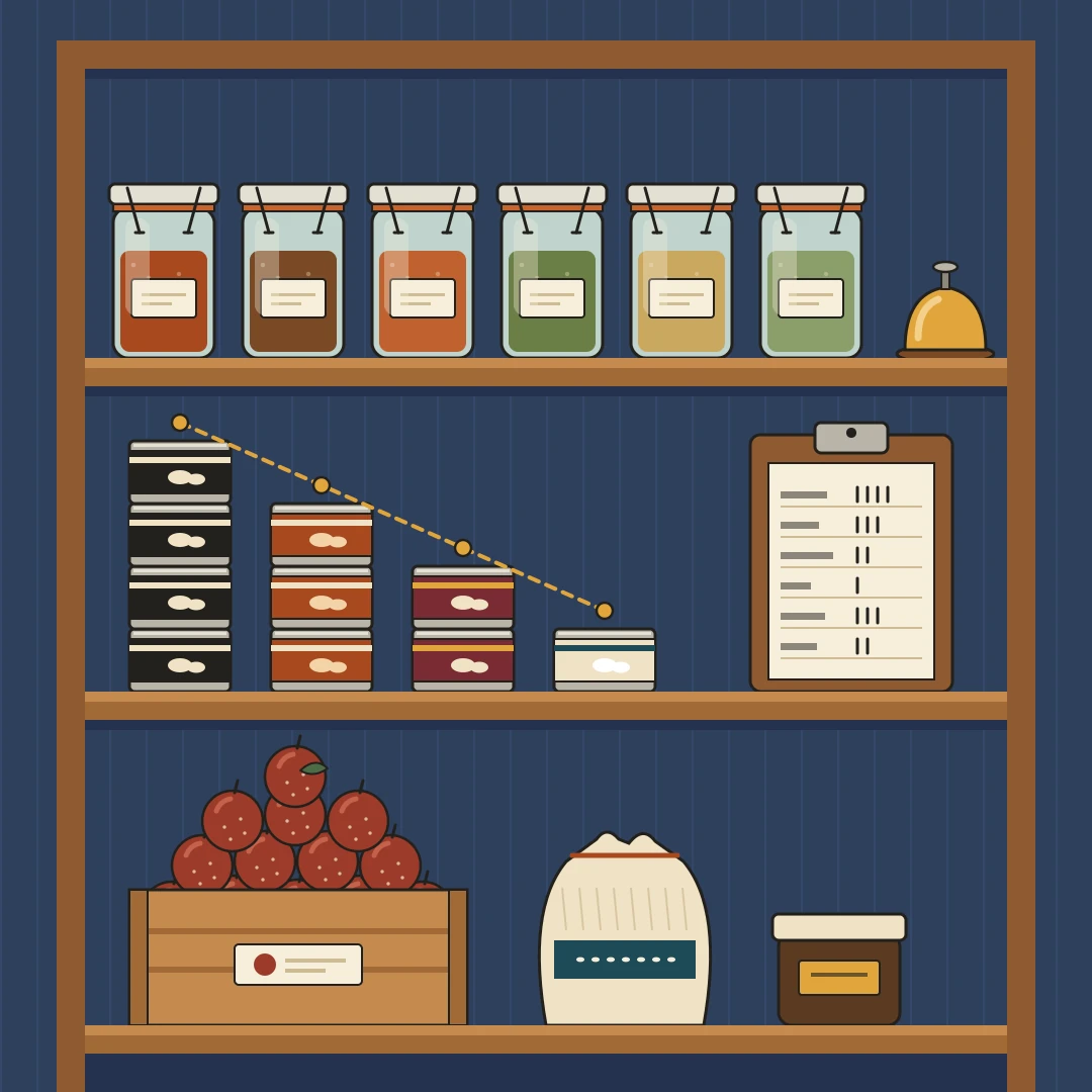 Screenprint illustration of pantry shelves. Six labeled clamp jars of homemade spice blends and a brass service bell sit on top. Bean cans stacked four, three, two and one high form a bar chart with a dashed trend line, beside a clipboard of tally marks. A crate of red apples, a sack of rice and a jar of bouillon fill the bottom shelf.